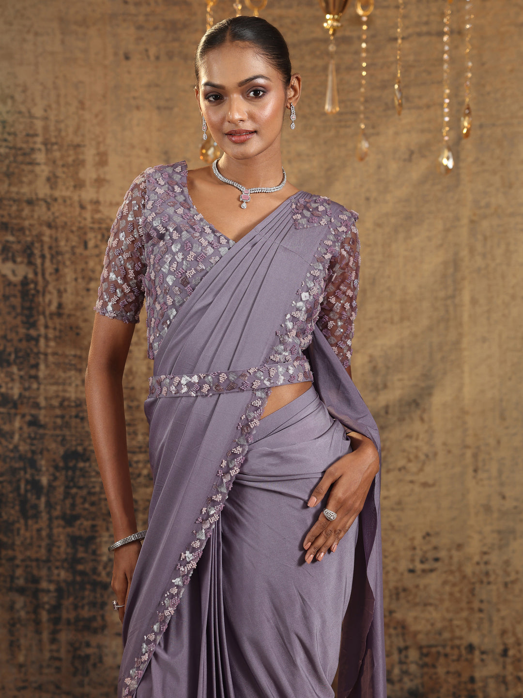 Libas Art Lavender Solid Nylon Ready to Wear Saree
