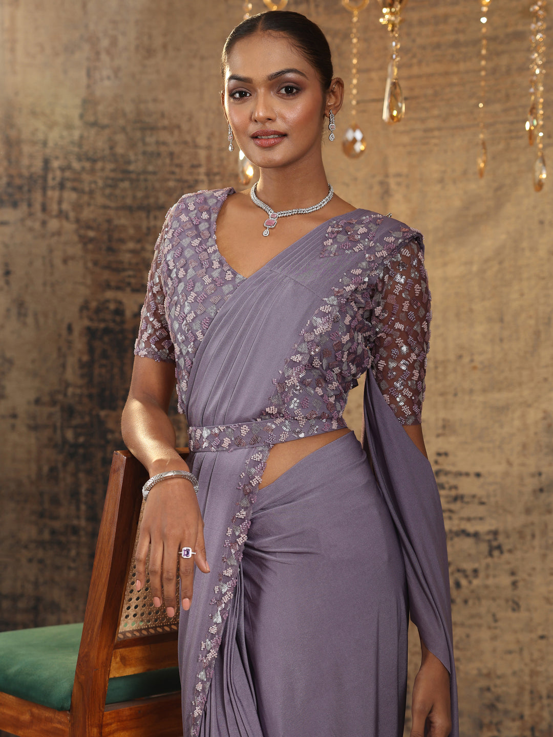 Libas Art Lavender Solid Nylon Ready to Wear Saree