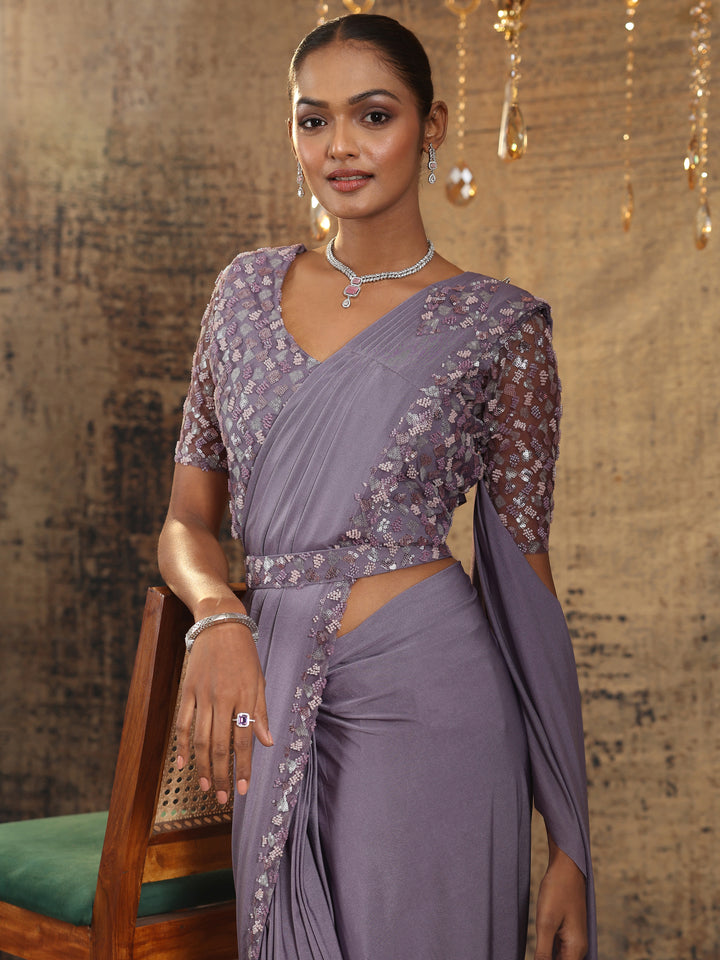 Libas Art Lavender Solid Nylon Ready to Wear Saree