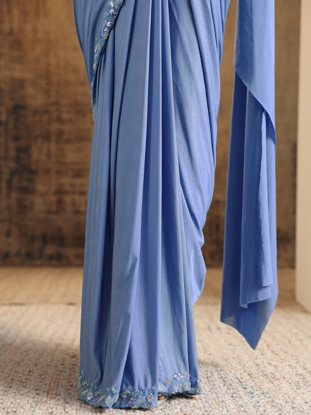 Libas Art Blue Solid Nylon Ready to Wear Saree