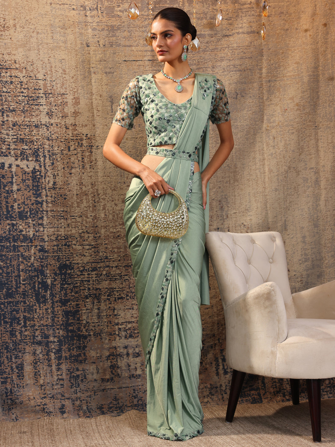 Libas Art Green Solid Nylon Saree With Unstitched Blouse Piece