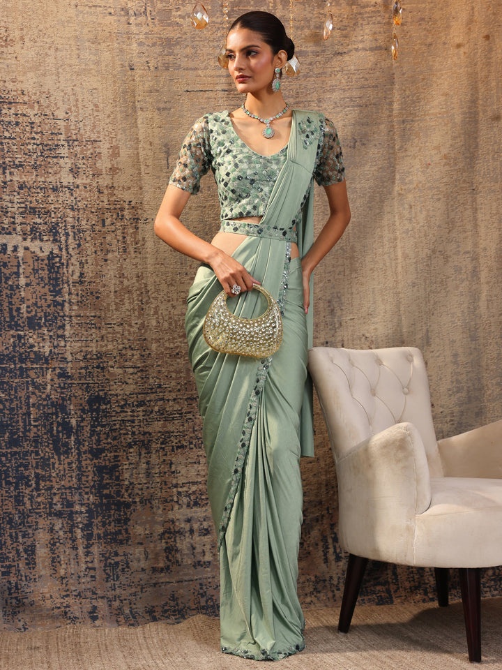 Libas Art Green Solid Nylon Saree With Unstitched Blouse Piece