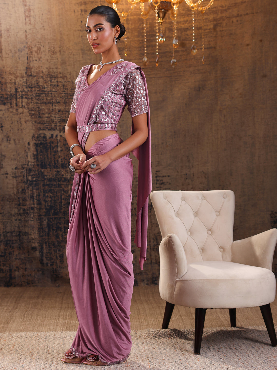 Libas Art Peach Solid Nylon Ready to Wear Saree