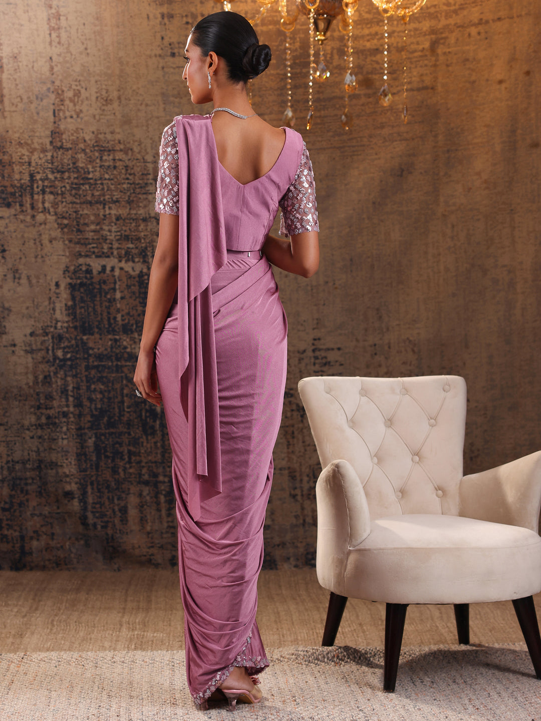 Libas Art Peach Solid Nylon Ready to Wear Saree