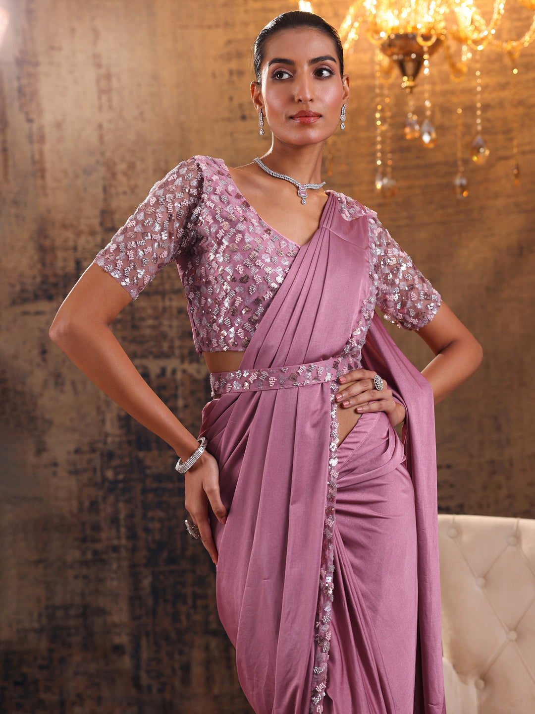 Libas Art Peach Solid Nylon Ready to Wear Saree