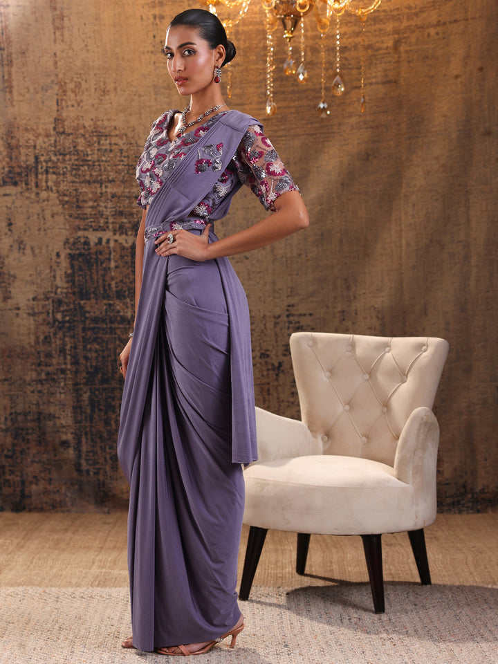 Libas Art Lavender Solid Nylon Ready to Wear Saree