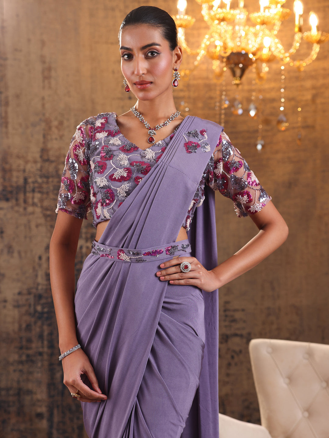 Libas Art Lavender Solid Nylon Ready to Wear Saree