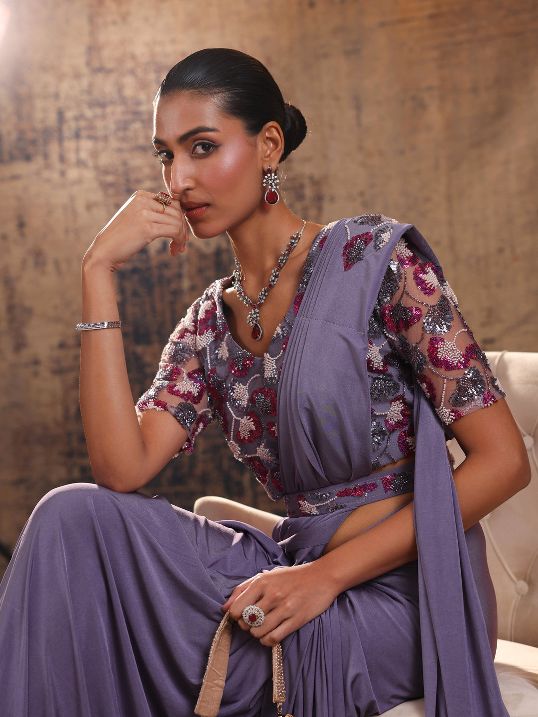 Libas Art Lavender Solid Nylon Ready to Wear Saree