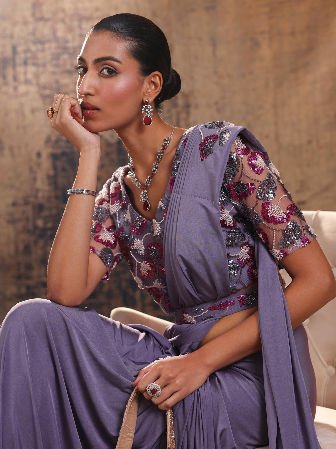 Libas Art Lavender Solid Nylon Ready to Wear Saree