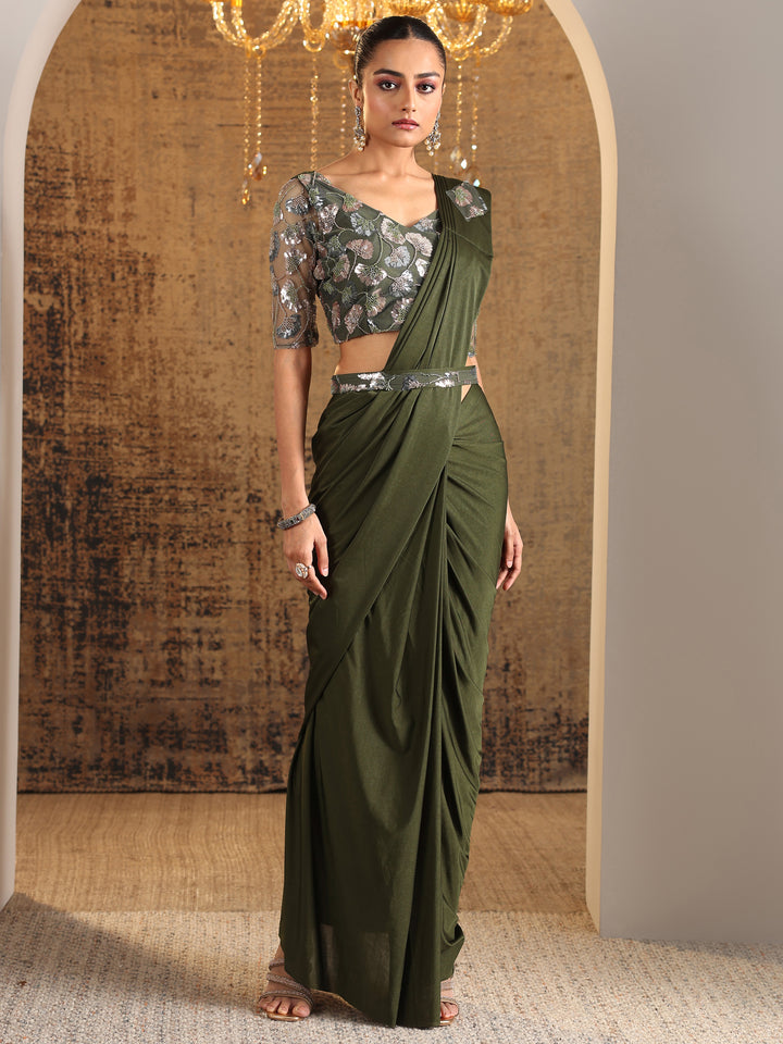 Libas Art Green Solid Nylon Ready to Wear Saree