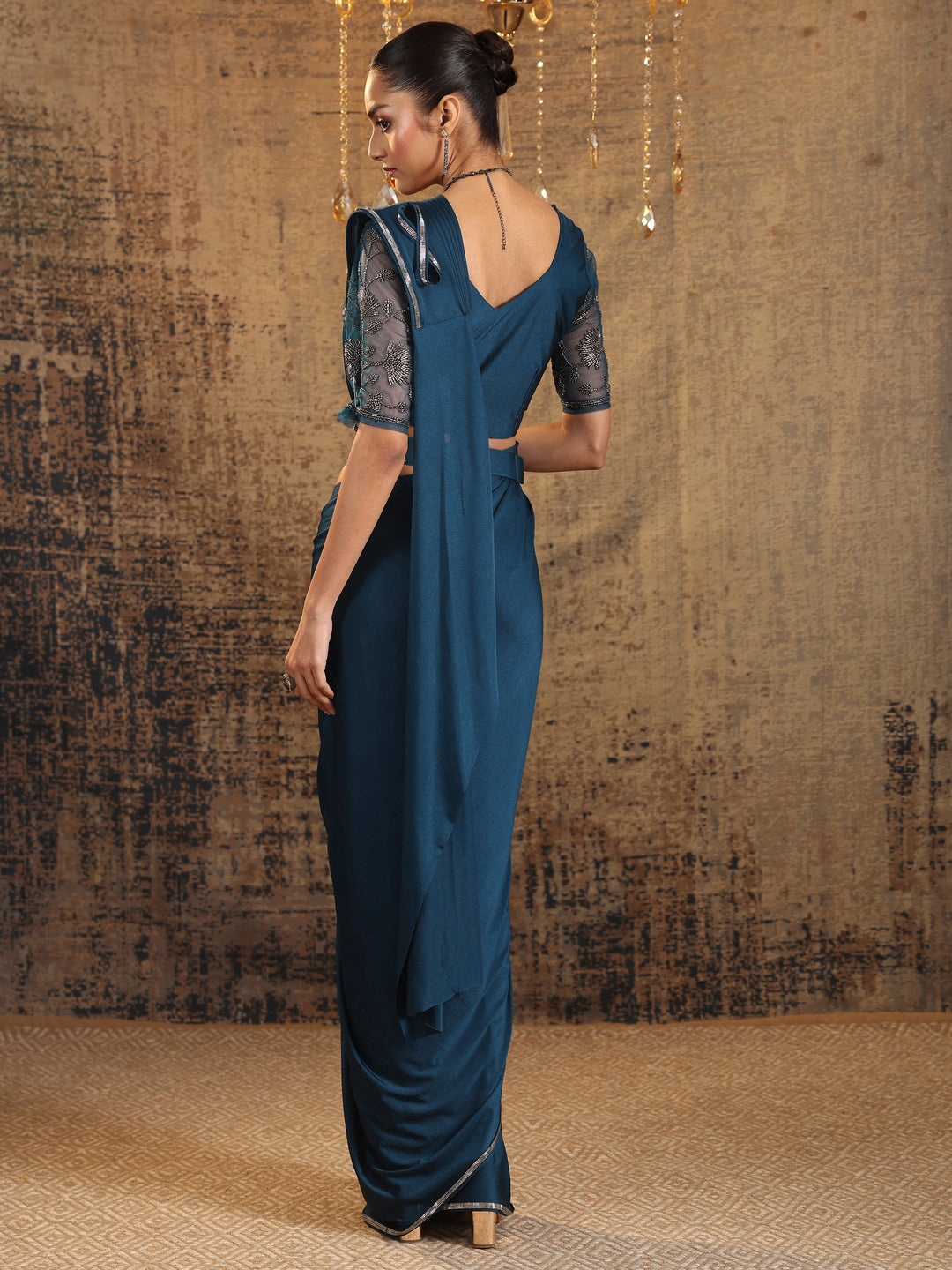 Libas Art Navy Blue Solid Nylon Ready to Wear Saree