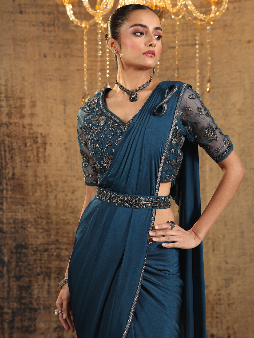 Libas Art Navy Blue Solid Nylon Ready to Wear Saree