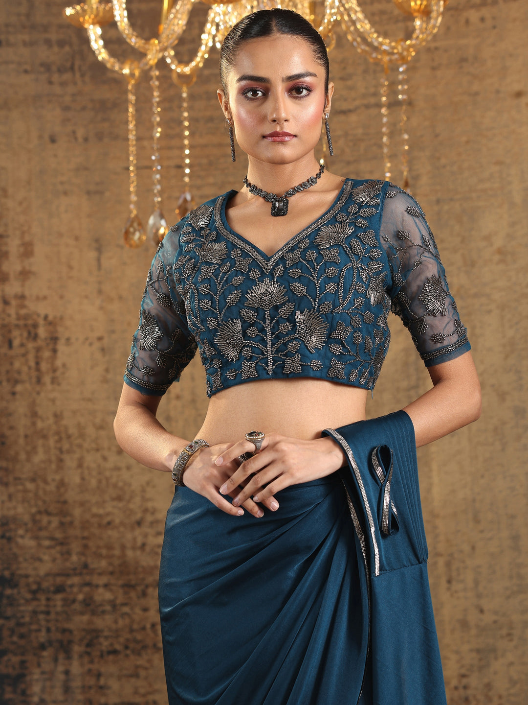 Libas Art Navy Blue Solid Nylon Ready to Wear Saree