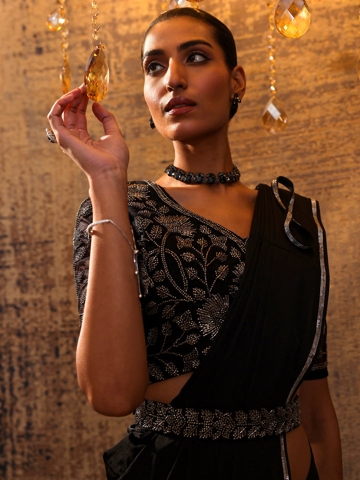 Libas Art Black Solid Nylon Ready to Wear Saree