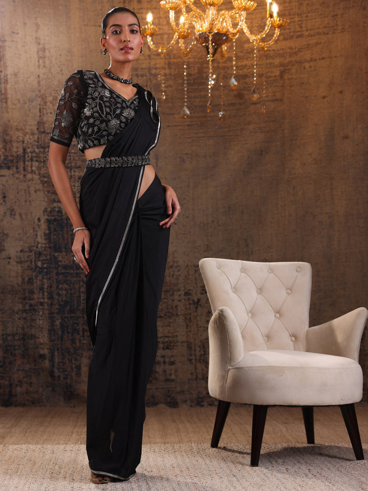 Libas Art Black Solid Nylon Ready to Wear Saree