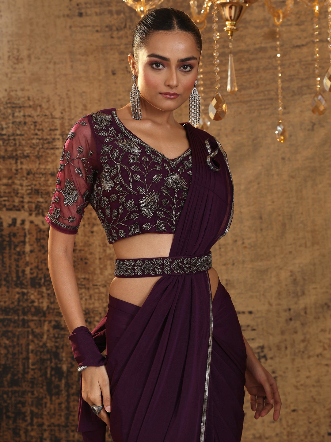 Libas Art Burgundy Solid Nylon Ready to Wear Saree