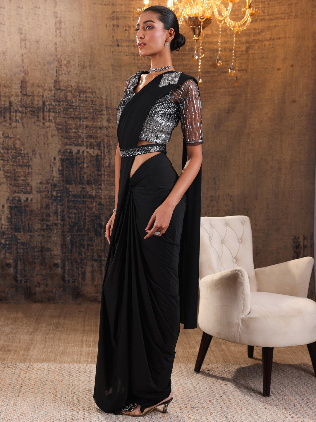 Libas Art Black Printed Nylon Ready to Wear Saree