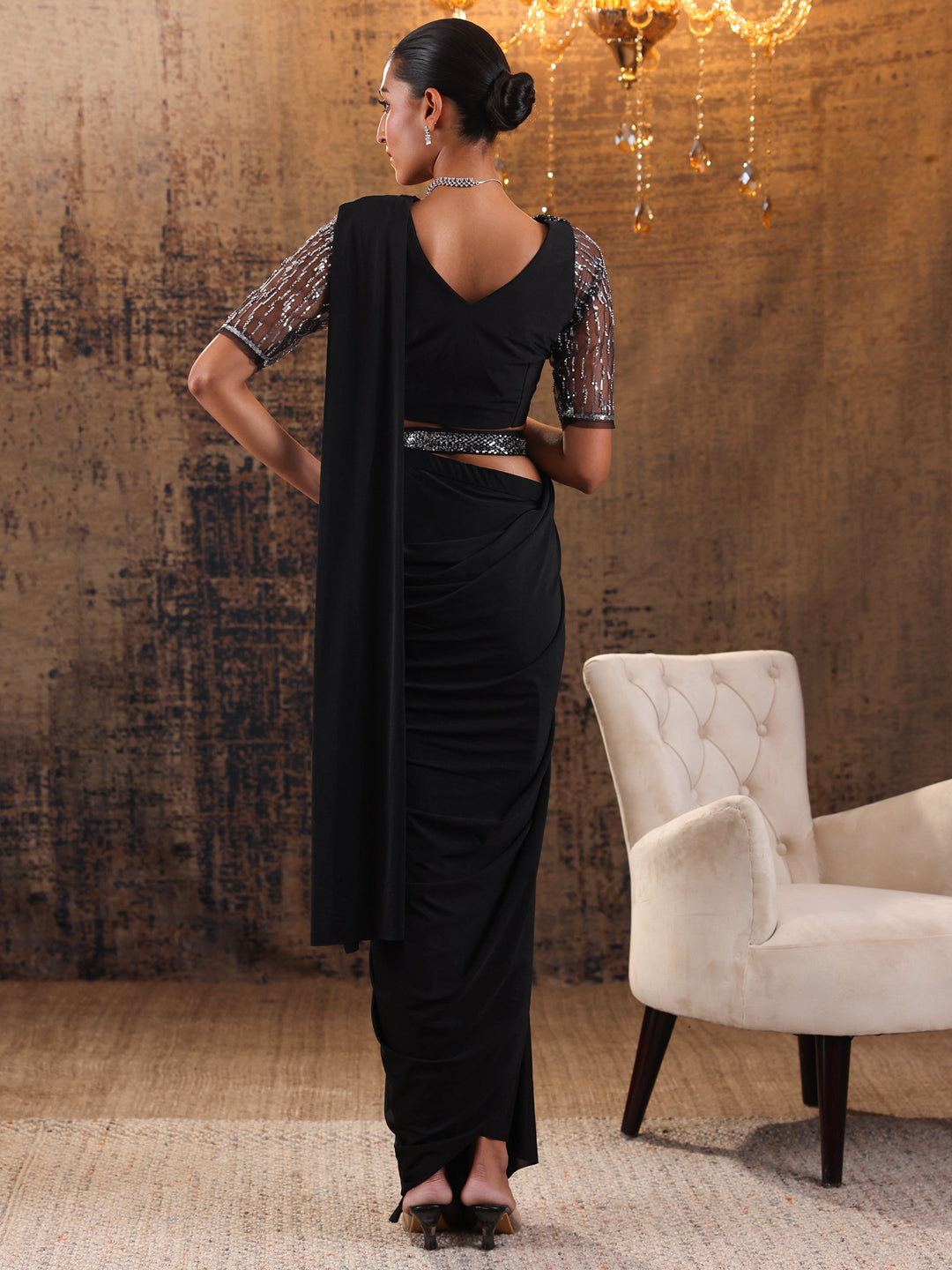 Libas Art Black Printed Nylon Ready to Wear Saree