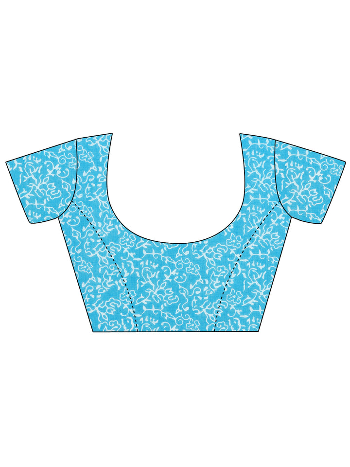 White Printed Cotton Saree With Unstitched Blouse Piece