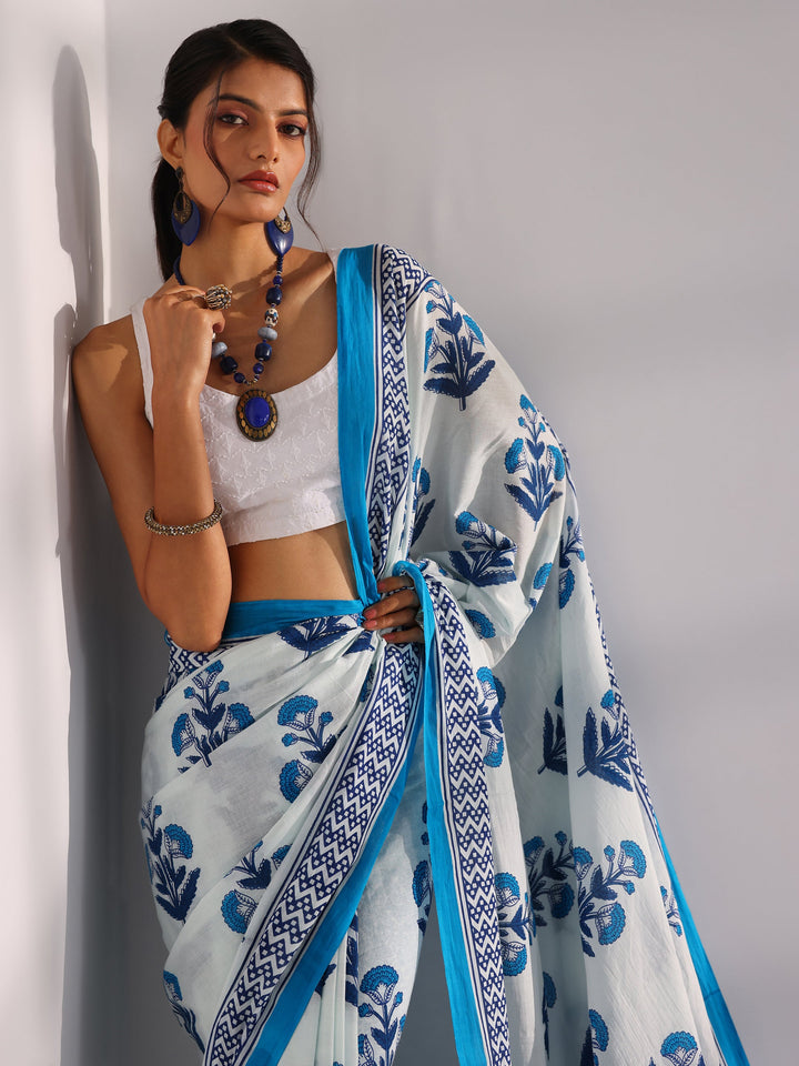 White Printed Cotton Saree With Unstitched Blouse Piece