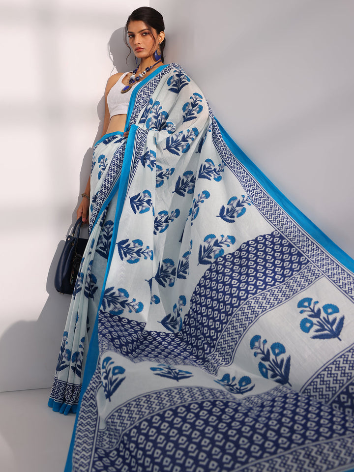 White Printed Cotton Saree With Unstitched Blouse Piece