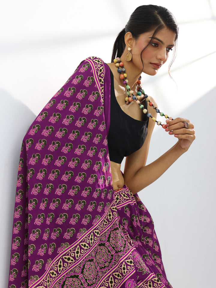 Burgundy Printed Cotton Saree With Unstitched Blouse Piece