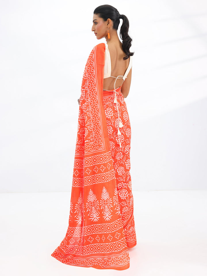 Orange Printed Cotton Saree With Unstitched Blouse Piece