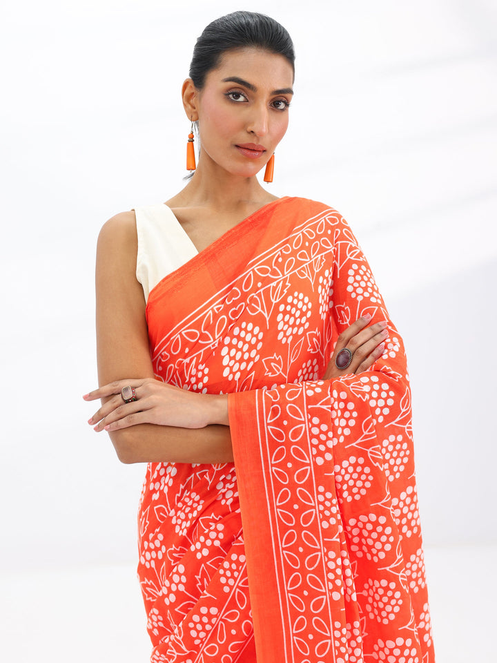 Orange Printed Cotton Saree With Unstitched Blouse Piece