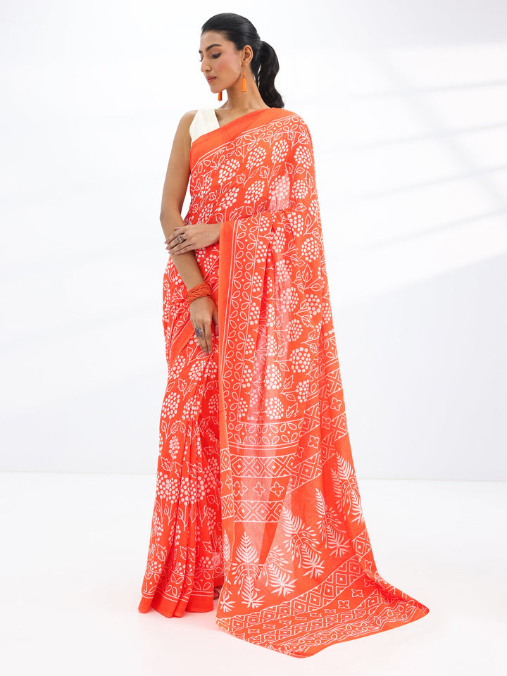 Orange Printed Cotton Saree With Unstitched Blouse Piece