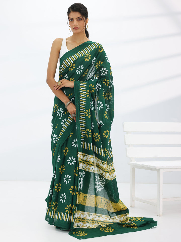 Green Printed Cotton Saree With Unstitched Blouse Piece