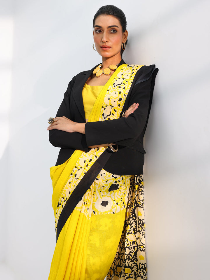 Yellow Printed Cotton Saree With Unstitched Blouse Piece