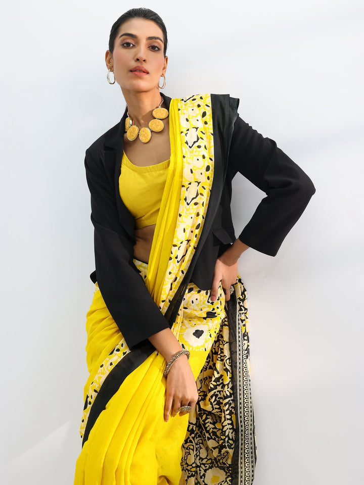 Yellow Printed Cotton Saree With Unstitched Blouse Piece