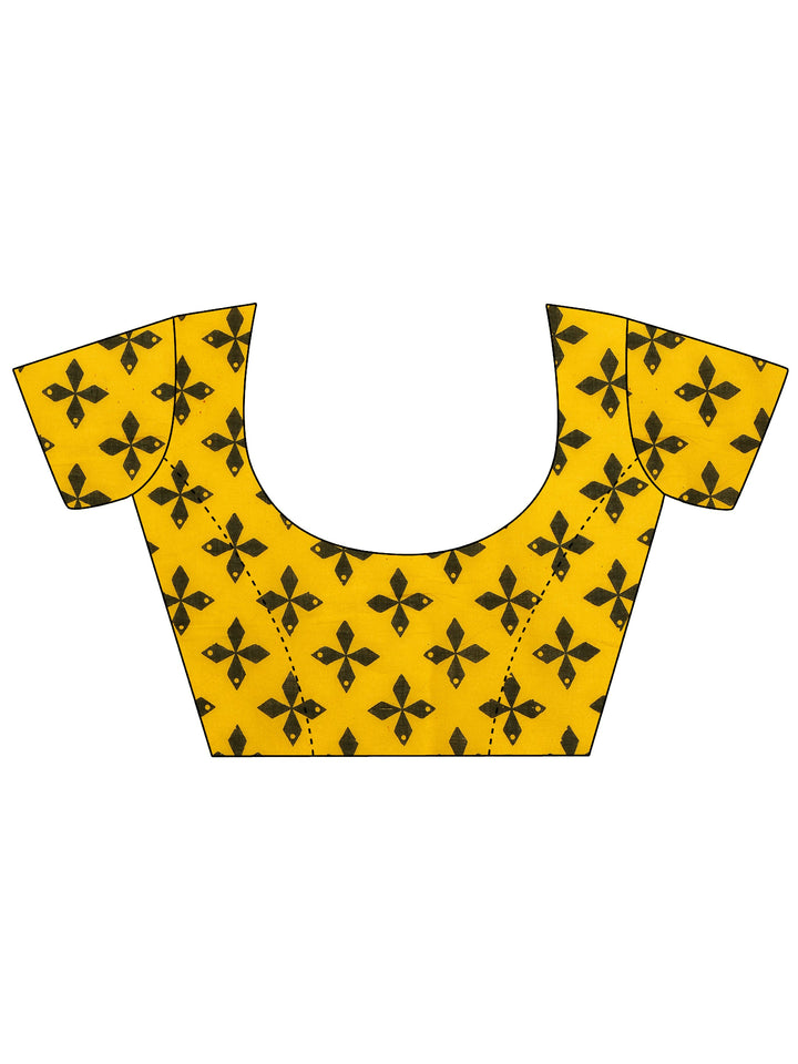 Yellow Printed Cotton Saree With Unstitched Blouse Piece
