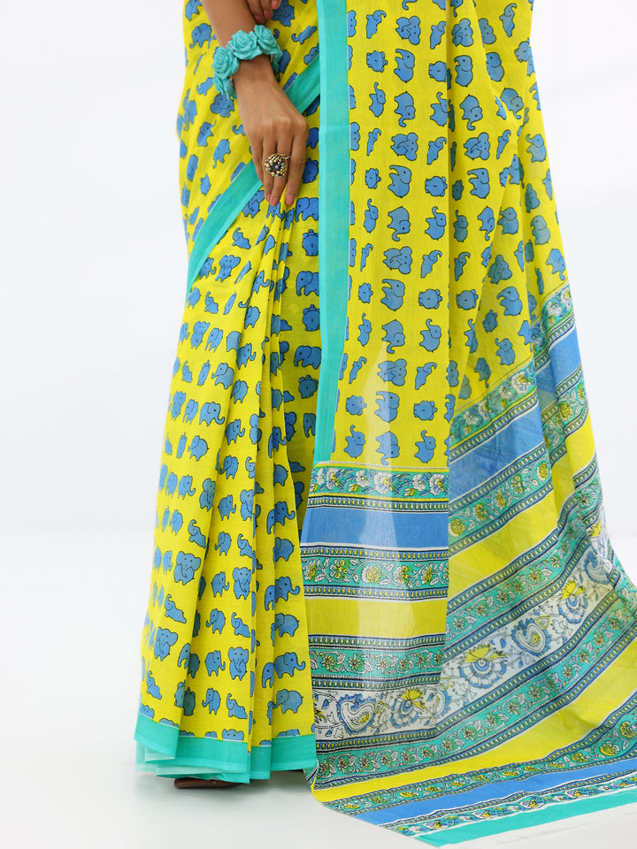 Yellow Printed Cotton Saree With Unstitched Blouse Piece