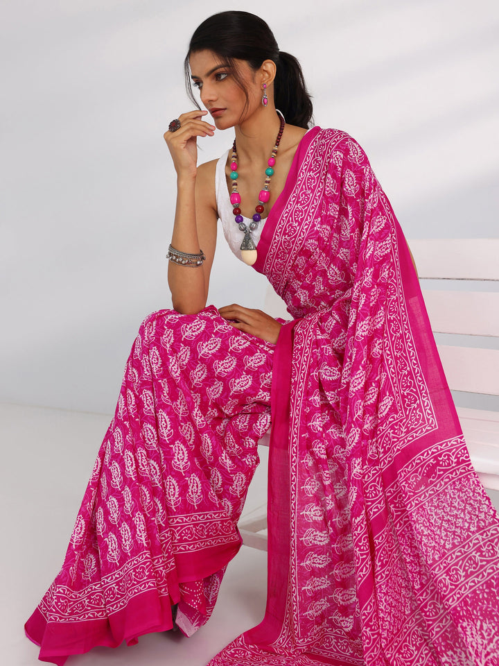 Pink Printed Cotton Saree With Unstitched Blouse Piece