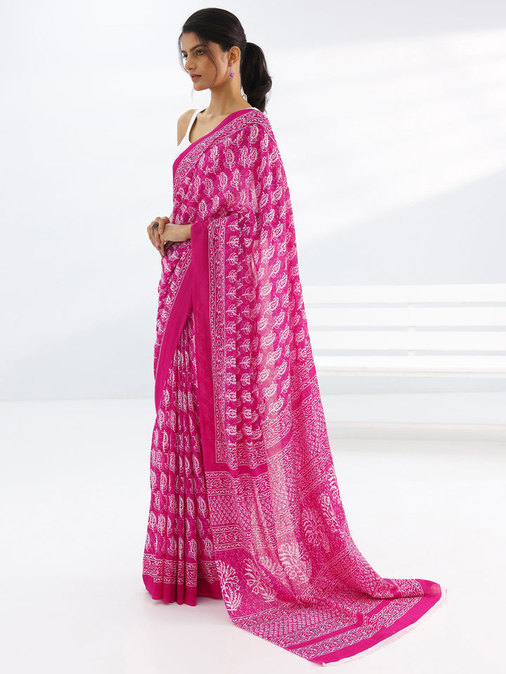 Pink Printed Cotton Saree With Unstitched Blouse Piece