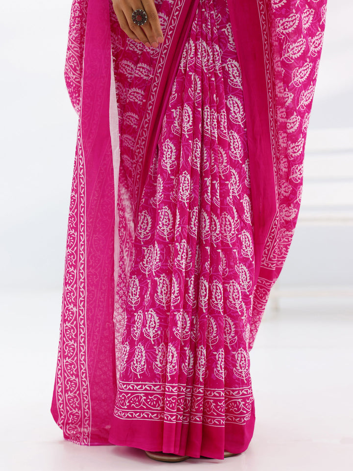 Pink Printed Cotton Saree With Unstitched Blouse Piece