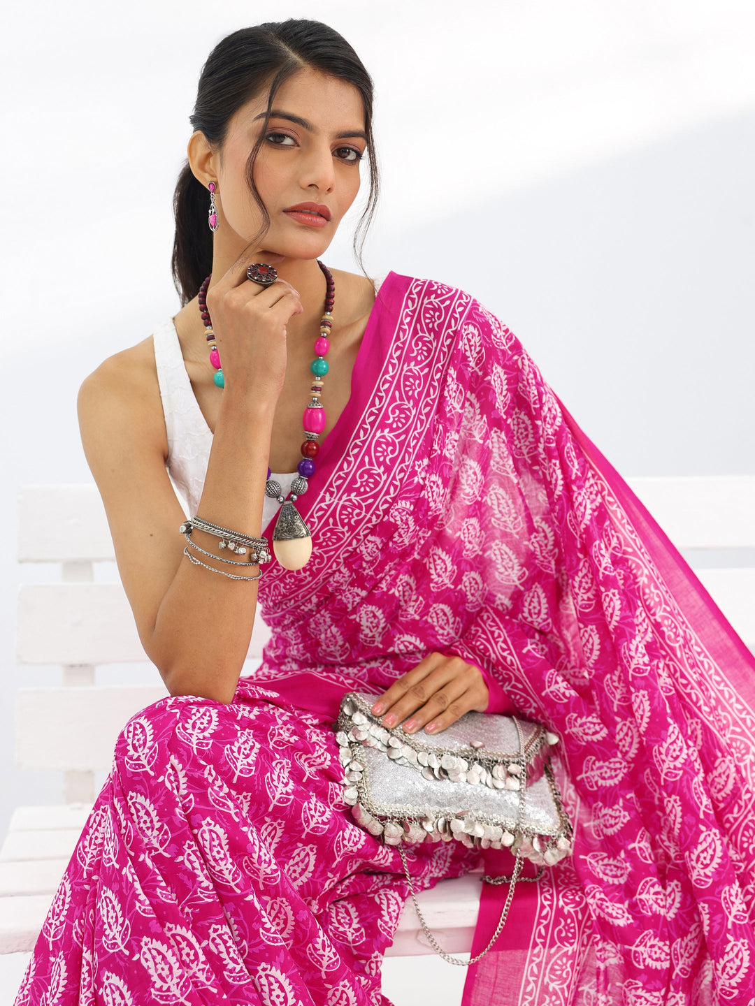 Pink Printed Cotton Saree With Unstitched Blouse Piece