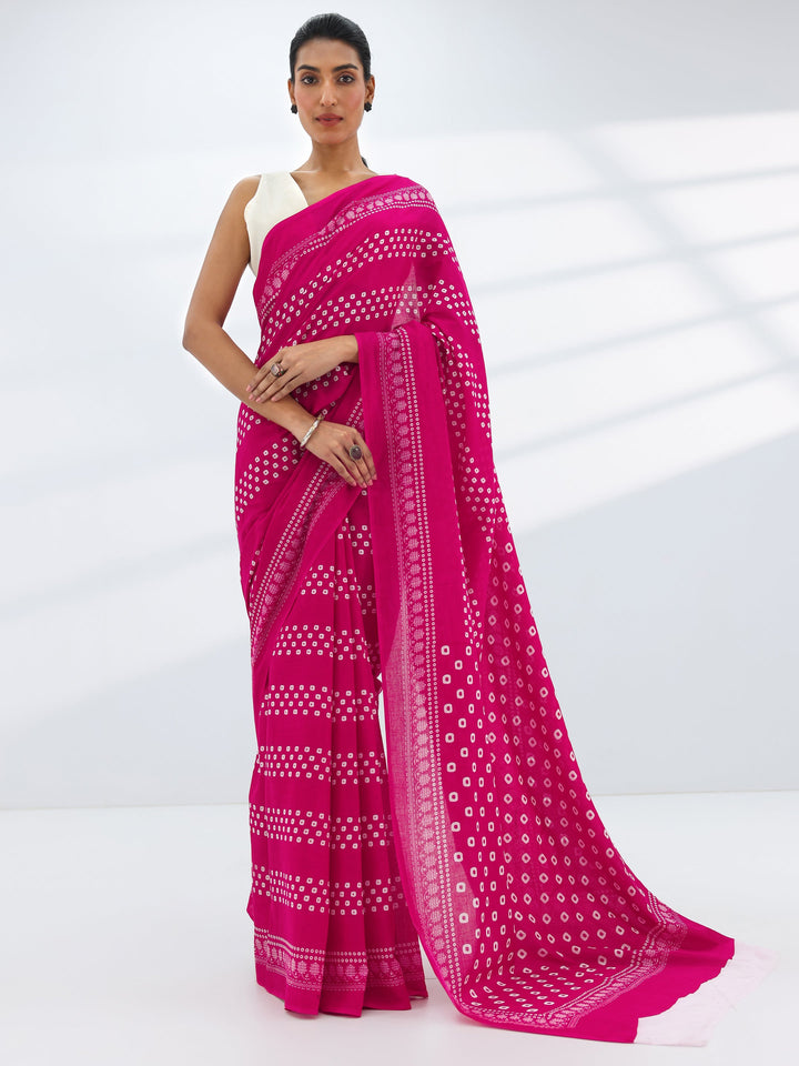 Pink Printed Cotton Saree With Unstitched Blouse Piece