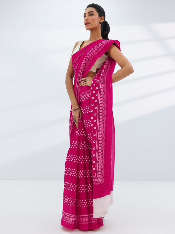 Pink Printed Cotton Saree With Unstitched Blouse Piece
