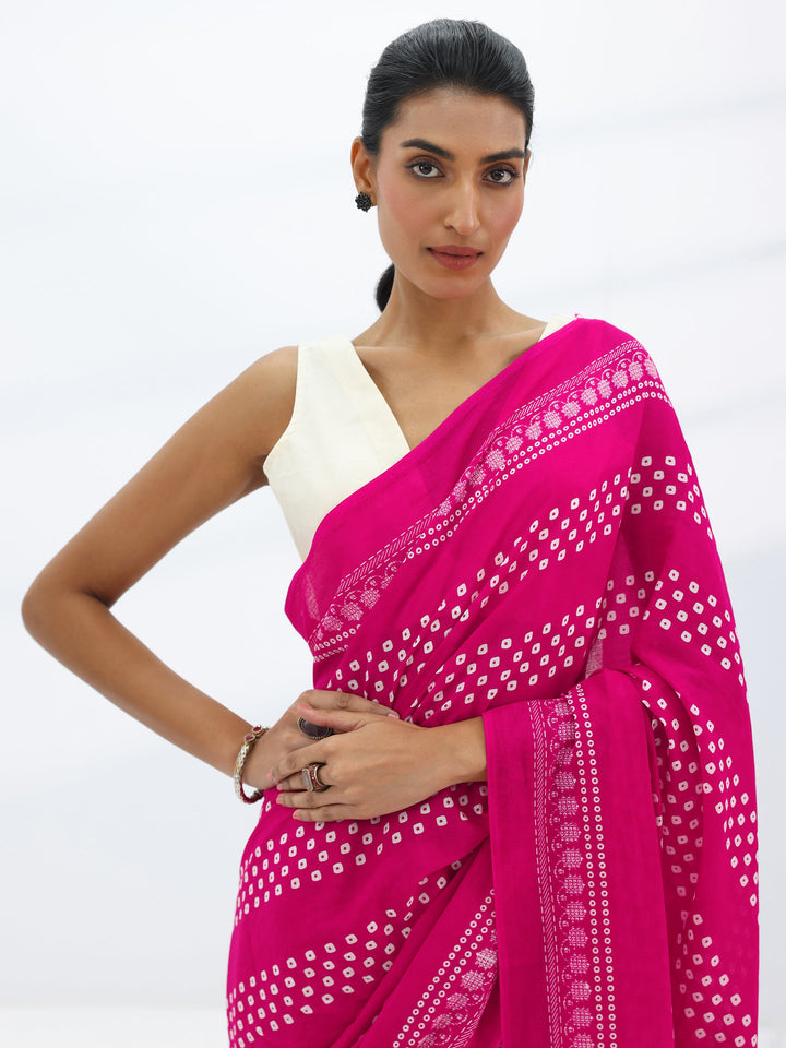 Pink Printed Cotton Saree With Unstitched Blouse Piece