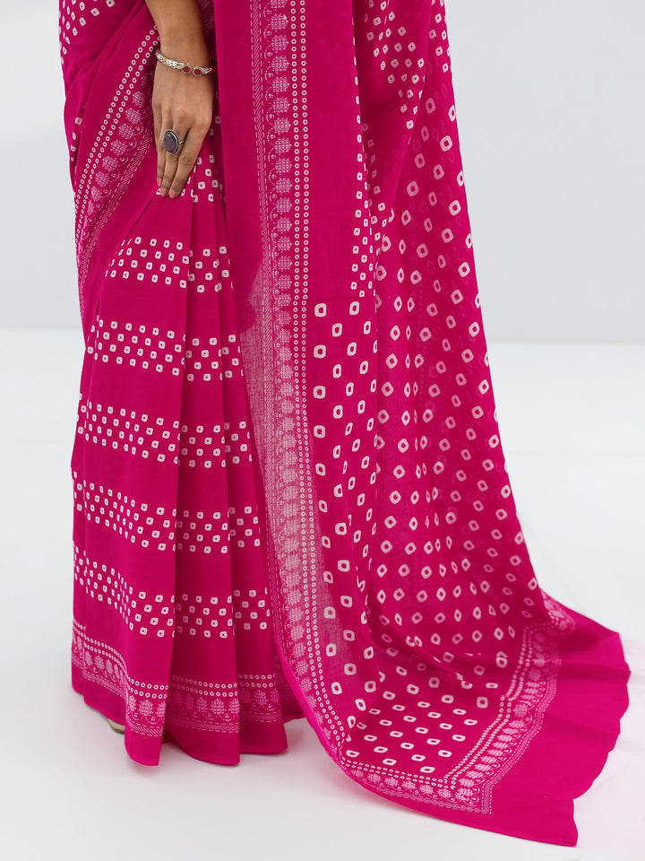 Pink Printed Cotton Saree With Unstitched Blouse Piece