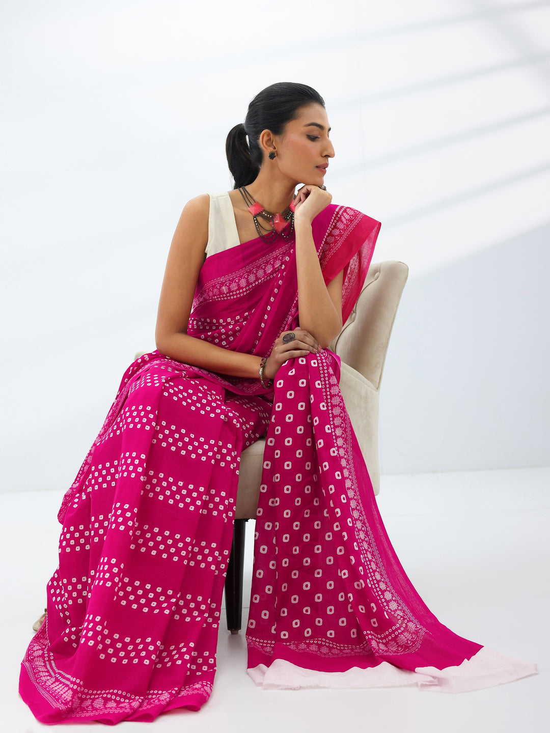 Pink Printed Cotton Saree With Unstitched Blouse Piece