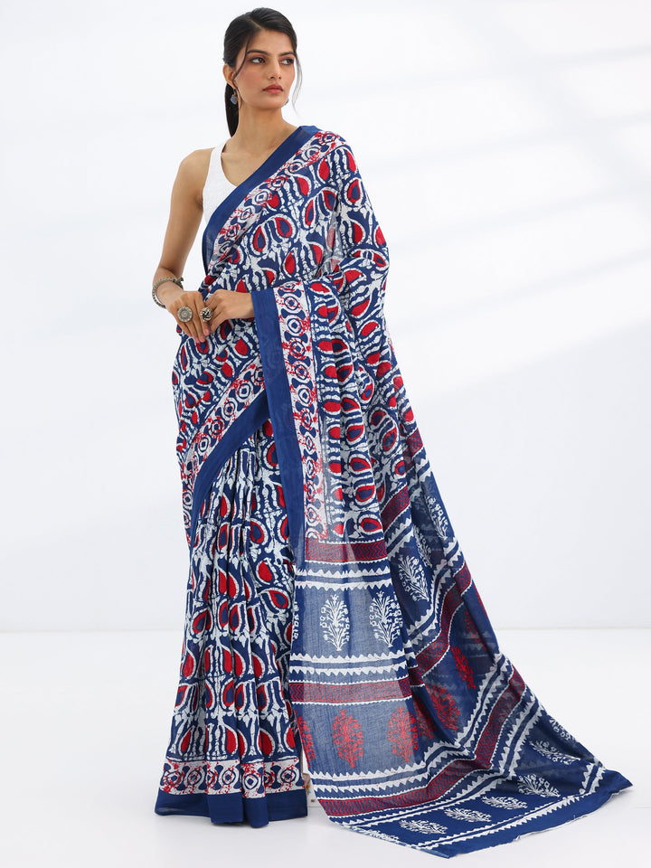 Navy Blue Printed Cotton Saree With Unstitched Blouse Piece