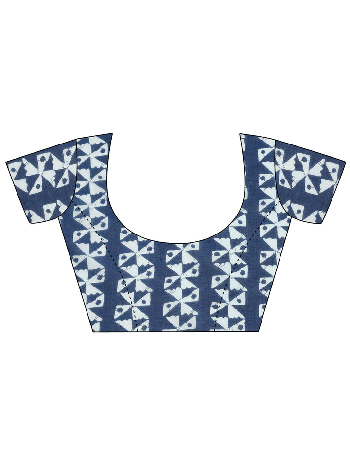 Navy Blue Printed Cotton Saree With Unstitched Blouse Piece