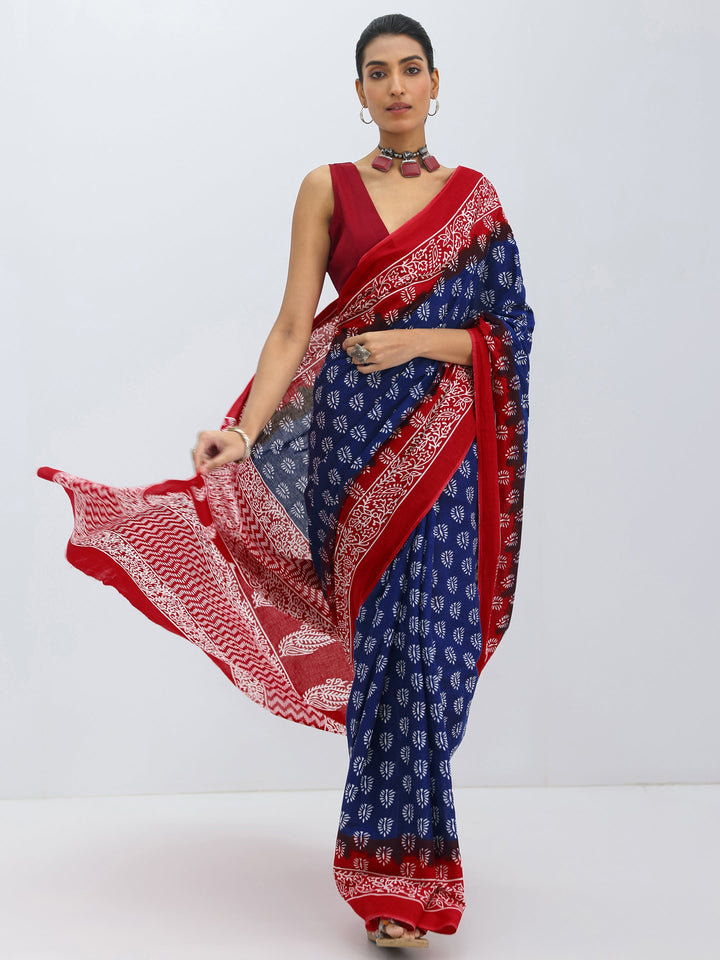 Navy Blue Printed Cotton Saree With Unstitched Blouse Piece