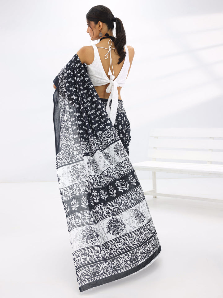 Black Printed Cotton Saree With Unstitched Blouse Piece