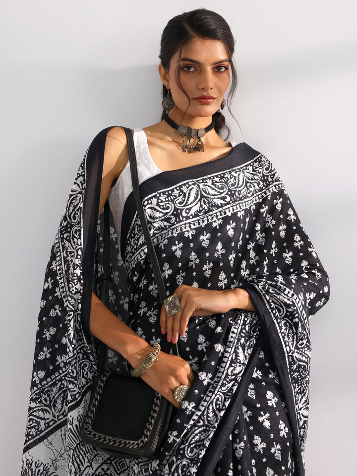 Black Printed Cotton Saree With Unstitched Blouse Piece