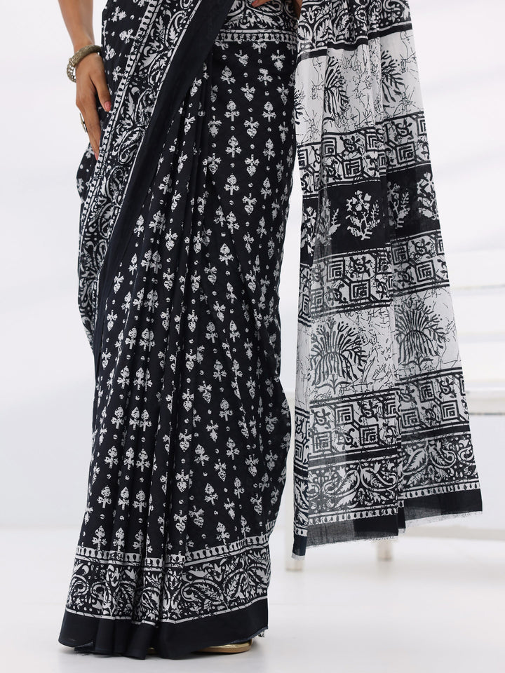 Black Printed Cotton Saree With Unstitched Blouse Piece