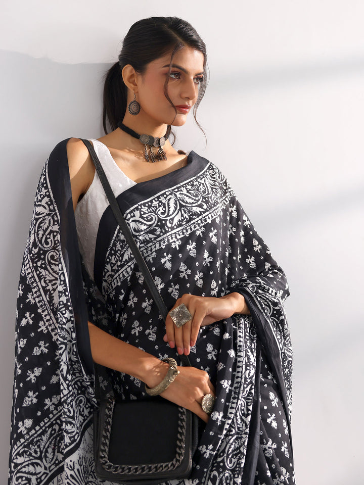 Black Printed Cotton Saree With Unstitched Blouse Piece